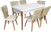 Set masa extensibila cu 6 scaune tapitate Homs cristal alb-bej 170 x 80 cm