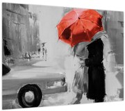 Tablou pe sticlă - Cuplu în dragoste sub o umbrelă, roșu (70x50 cm)