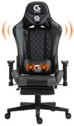 Scaun gaming cu masaj în perna lombară, sezut benzi elastice sustinere, cotiere 3D, suport picioare, funcție sezlong, Negru/Gri