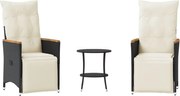 vidaXL Set bistro cu perne, 3 piese, negru, poliratan