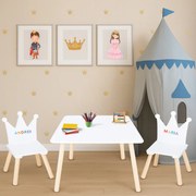 Set Masa si 2 Scaune Suporto pentru Copii din Lemn MDF, Model Print si Printesa, Scaun in Forma de Coronita, Varsta 3-6 Ani, cu Margini Rotunjite, Alb