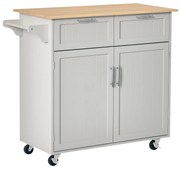 HOMCOM Insulă de Bucătărie cu Blat de Lucru din Lemn de Cauciuc, Roți, 2 Sertare, Dulăpior și Rafturi, 104x46x91 cm, Gri | Aosom Romania