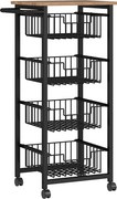 HOMCOM Cărucior de Bucătărie cu 4 Coșuri Detașabile, Roți și Frâne, Oțel și Lemn, 49.5x31x91 cm, Stejar | Aosom Romania