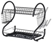 Uscator pentru vase Rosberg R53000H, 2 nivele, Suporturi pentru tacamuri si pahare, Negru