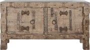 Bufet rustic din lemn reciclat, natur, cu 2 uși, decor sculptat manual și balamale fluture din metal, 92 x 167 x 51 cm, „Rigora”