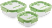 Set 3 caserole sticla depozitare alimente Lekue 1009493, 0,5/0,8/1,1 l, Capac, Supapa pentru cuptor cu microunde, -20/+100°C, Verde