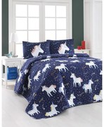 Set cuvertură matlasată și 2 fețe de pernă Eponj Home Magic Unicorn Dark Blue, 200 x 220 cm