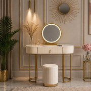 Set ASHLEY, Masă de toaletă pentru machiaj cu oglindă iluminată LED, control touch, sertar, taburet, 100x40x76 cm, Bej/Auriu