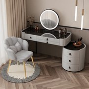 Set Lucia, Masă de toaletă pentru machiaj cu oglindă iluminată LED, control touch, 6 sertare, comoda, scaun, Gri