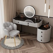 Set LUCIA – Masă de Toaletă pentru Machiaj, Oglindă Iluminată LED, Control Touch, 6 sertare, Comoda, Scaun, Gri
