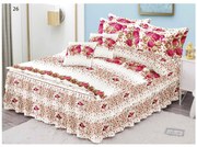 Lenjerie Pat Dublu, Bumbac Finet cu Volanase, 6 Piese - Bujori