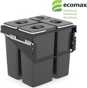 Cos gunoi incorporabil Ecomax Front 60, cu extragere automata, colectare selectiva, gri antracit, 3 x 26 l + 1 x 7 l Polipropilena Otel inoxidabil,