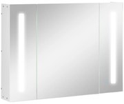 Kleankin Dulap de Baie LED cu Oglindă, 3 Uși și Rafturi Reglabile, Organizator de Depozitare Reglabil, 90x15x65 cm, Alb | Aosom Romania