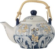 Ceainic din ceramică, cu motiv floral albastru pictat manual și mâner din bambus, cu infuzor, „Myah", 15 x 15 cm