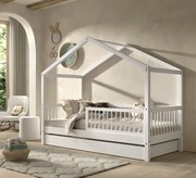 Set Mobilier Camera Copii Forrest Beech, Pat Căsuță 90x200 cm, Sertar Pat și Barieră Suplimentară, din Lemn Masiv de Fag, Alb – Vipack