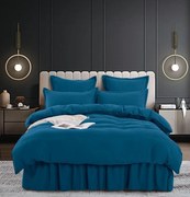 Set Lenjerie de Pat Bumbac Finet Uni cu Volanase, 6 Piese, Pat 2 Persoane, Albstru