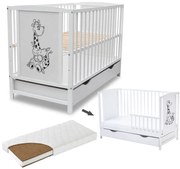 Patut din lemn masiv 120x60 cm Bria alb cu sertar si saltea cocos LUX 120x60x9 cm, include bariera, reglabil pe 3 nivele, certificat EN71