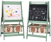 Tablă pentru copii 3 în 1 AIYAPLAY cu 2 containere, șevalet de artă din lemn pentru copii 3-8 ani, 54x46,5x93cm, de culoare verde | Aosom Romania