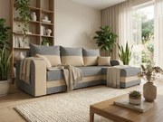 Coltar extensibil de colt VALERIO, gri deschis/bej, reversibil, 238x140 cm + 2 perne GRATUIT