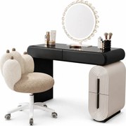 Set AURA LUXE – Masă de Toaletă pentru Machiaj, Oglindă iluminată LED, Control touch, Trei tipuri culoare, Scaun, 100 cm, Negru/Bej