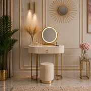 Set SARAH – Masă de Toaletă pentru Machiaj, Oglindă Iluminată LED, Control Touch, Sertar, Taburet, 80x40x76 cm, Bej/Auriu