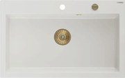 Mexen Elix chiuvetă de bucătărie din granit cu un singur compartiment 800 x 500 mm, alb, sifon auriu - 6527801005-20-G