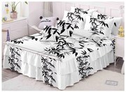 Lenjerie Pat Dublu, Bumbac Finet cu Volanase, 6 Piese - Frunze Negre