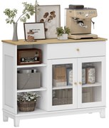 HOMCOM Bufet salon cu dulap cu uși din sticlă securizată nervurată, sertar, 3 compartimente deschise și rafturi reglabile, alb | Aosom Romania