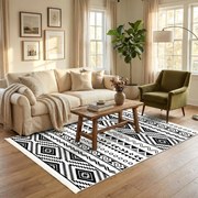 Covor camera antiderapant, etnic alb-negru, Model Tribal