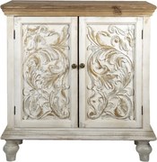 Comodă cu 2 uși, vintage, shabby chic, din lemn, alb, cu blat natur, raft interior și decor sculptat, 100 x 91 x 38 cm, „Fleur de Lys”