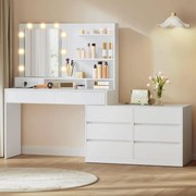 Masuta machiaj pentru Colt cu Oglinda LED si 8 Sertare pentru Cosmetice, Set Masa toaleta Alba, masuta cosmetica, vanity cu Priza si USB - SEA16