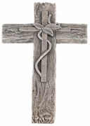 Decorație funerară Cruce cu frunze, imitație delemn, poliresină, 11 x 21 x 2 cm