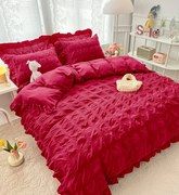 Set Lenjerie de Pat 2 Persoane Bumbac Finet Creponata Uni cu Volanase, 6 Piese - Rosu Inchis