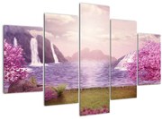 Tablou cu pomi roz cu lac (150x105 cm)