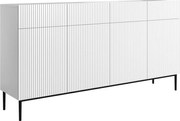 Comodă cu patru uși Nicole 200 cm cu sertare, fronturi riflate - alb mat / picioare negre