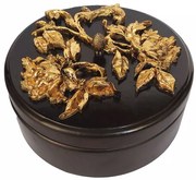 Caseta bijuterii,cutie lemn decorata cu flori aurii in relief pe capac,D20cm