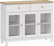 HOMCOM Bufet Bucătărie cu 2 Dulapuri și 2 Sertare, Uși din Sticlă Securizată Canelată, Bufet Sufragerie cu Rafturi Ajustabile, pentru Living sau Sufragerie, 100x35x80.3 cm, Alb și Stejar | Aosom Romania