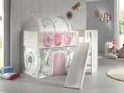 Set pat pentru copii SCOTT, alb, 90 x 200 cm, din pin scandinav și MDF, cu scară frontală, perdea de joacă BIRDY, tunel și buzunare de depozitare –