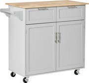 HOMCOM Insulă de Bucătărie cu Blat de Lucru din Lemn de Cauciuc, Roți, 2 Sertare, Dulăpior și Rafturi, 104x46x91 cm, Gri | Aosom Romania