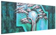 Tablou oriental albastru cu copac și soare (120x50 cm), în 40 de alte dimensiuni noi