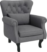 HOMCOM Fotoliu Vintage cu Spătar, Fotoliu Tapițat pentru Șemineu cu Pernă, Spătar Capitonat și Brațe Rulate, 76x74,5x89,5 cm, Gri | Aosom Romania