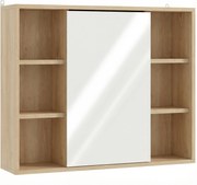 HOMCOM Mobilier de baie cu oglindă, dulap cu ușă și 6 compartimente deschise, 60 x 14,5 x 49,4 cm, lemn natural | Aosom Romania