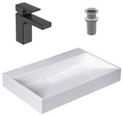 Pachet lavoar pe blat Rea Goya alb 60 cm, baterie lavoar Hansgrohe Vernis Shape negru si ventil lavoar Click-Clack crom