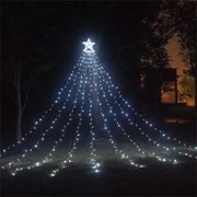 Instalatie solara perdea cu varf stea, 350 leduri, 9 franjuri, albastru