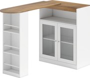 HOMCOM Masă de Bar Extensibilă și Rotativă 360° cu Rafturi Deschise și 2 Uși din Sticlă 150x80x105,5 cm Alb și Lemn Natural | Aosom Romania