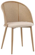Scaun Bucatarie/Dining Rikkie Ratan Sintetic Bej,Sezut Textil Bej, Picioare Metalice Finisaj Lemn