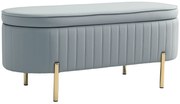 HOMCOM Bancă de Depozitare pentru Intrare Ovală 72L cu Design Scanalat, Capac Ridicabil și Șezut Capitonat, Bancă de la Capătul Patului Pouf în Catifea și Picioare de Lemn de Pin, 108x44x43.5 cm, Gri | Aosom Romania