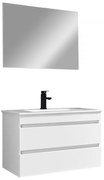 Mobilier de baie Cube 80 cm cu lavoar ceramic (2 sertare) și oglindă 60x80 cm vopsit în alb lucios