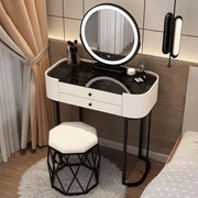 Set Bianca, Masă de toaletă pentru machiaj cu oglindă iluminată LED, control touch, taburet tapitat, 80x40x78 cm, Alb/Negru