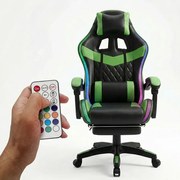 Scaun gaming, sistem iluminare bandă LED RGB, masaj în perna lombară, suport picioare, Negru/Verde